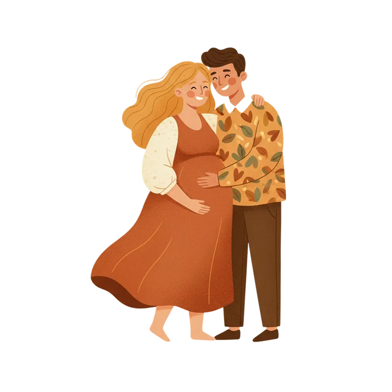 Editorial illustration of a smiling couple celebrating pregnancy with a warm, floral-patterned sweater and a soft orange dress.